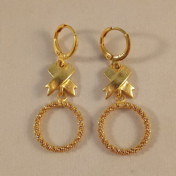 18K Yellow Gold Filled Carved Cross Circle Hoop Dangle Earrings Party Gift - Picture 2 of 4